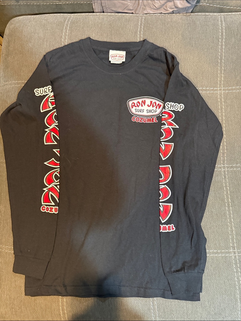 Ron Jon Black Long-Sleeve Surf Tee with Red and White Sleeve Graphics